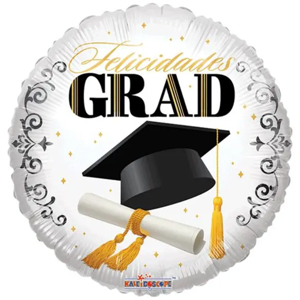 FELICIDADES GRAD BIRRETE Y DIPLOMA REDONDO MET 18″ Kaleidosc